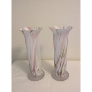 2  Ten Inch Flared Top European Vases W/ Shades Of Pink, White, & Green